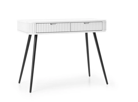 Konsola Zoya biała z szufladami stylowa oraz funkcjonalna toaletka zaoblony kształt bryły ryflowane fronty szuflad metalowe nogi