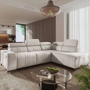 Narożnik z funkcją spania Castel VII beżowy prawostronny stylowy narożnik z pojemnikiem na pościel i regulowanymi zagłówkami