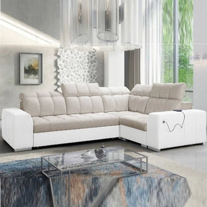 Narożnik z funkcją spania Luigi II beżowy / biały prawostronny komfort podczas codziennego wypoczynku narożnik z pojemnikiem na pościel