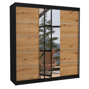 Szafa przesuwna z lustrem Bergen 200 cm czarny / dąb artisan klasyczna forma dekoracyjne listwy na frontach szafy do sypialni