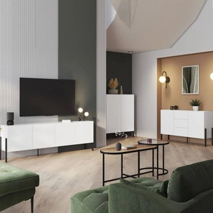 Zestaw mebli do salonu Jukon biały elegancka forma mebla w nowoczesnym stylu system otwierania push to open metalowe czarne nogi