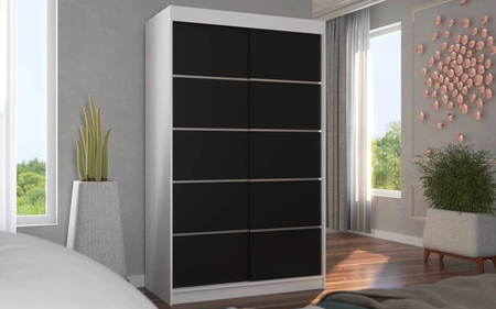 Szafa przesuwna Benisso 120 cm biały / czarny praktyczna szafa do sypialni fronty wykończone poziomymi srebrnymi listwami