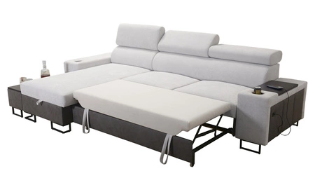 Narożnik z funkcją spania Flavio brązowy lewostronny komfortowy elegancki narożnik z dostawką otwierany barek w boczku mebla