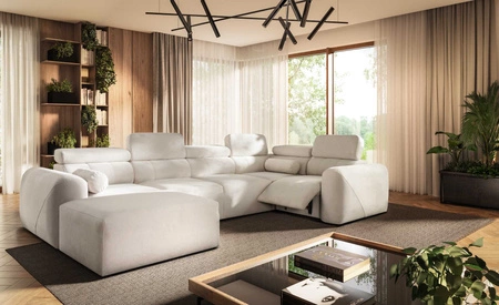 Narożnik z funkcją spania Cantare IV Lux kość słoniowa lewostronny starannie wykonany narożnik do salonu z podnoszonym podnóżkiem