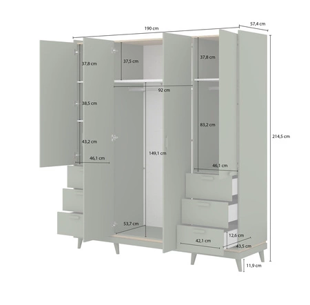 Szafa Scandia 190 cm zielona / dąb olejowany praktyczna szafa do sypialni lub pokoju nastolatka osadzona na wysokich nogach pojemne szuflady