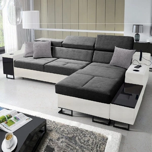 Narożnik z funkcją spania Alcamo szary / biały prawostronny elegancki i stylowy narożnik z dostawką praktyczna szuflada w boczku mebla