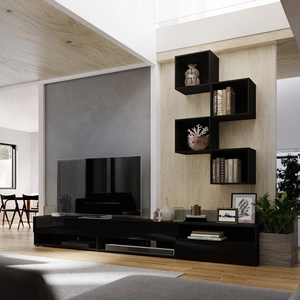 Meblościanka Nemea czarna / czarny połysk uniwersalna i stylowa meblościanka do salonu minimalistyczny design w nowoczesnej aranżacji