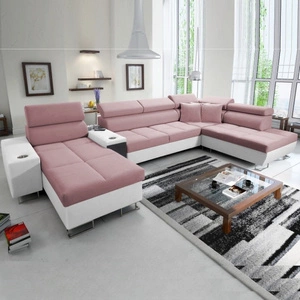 Narożnik z funkcją spania Dafni V indyjski róż / biały lewostronny velvet wygodny i komfortowy narożnik z regulowanymi zagłówkami