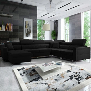 Narożnik z funkcją spania Nausa VII czarny lewostronny elegancki narożnik do salonu wykonany z miękkiej tkaniny typu velvet