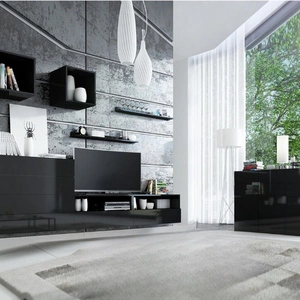 Zestaw mebli Psaru czarny / czarny połysk nowoczesny design meblościanka do salonu lub pokoju dziennego z frontami na wysoki połysk