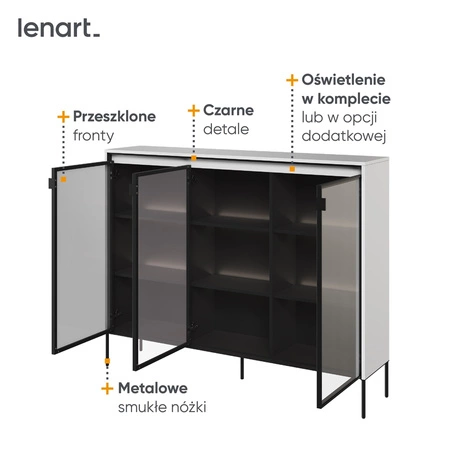 Komoda Trend 150 cm biała designerski przeszklony front klimatyczne oświetlenie w postaci paska led pod górnym blatem