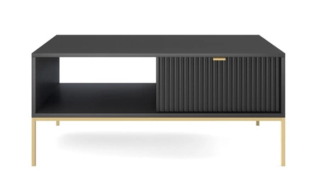 Stolik kawowy Lovro czarny z szufladami nowoczesny design blat odporny na rozlane ciecze złote metalowe nogi