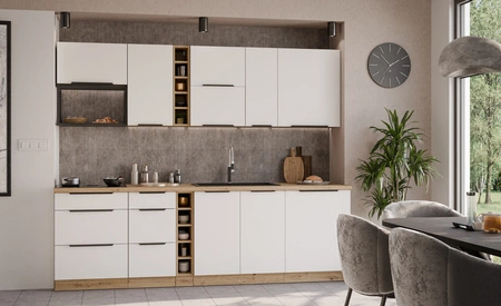 Zestaw mebli kuchennych Corato Ar 255 cm stylowe szafki kuchenne z frontami wykonanymi w technologii anti fingerprint metalowe uchwyty