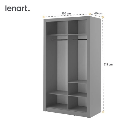 Szafa przesuwna z lustrem Arti 120 cm szara funkcjonalna szafa do sypialni lub pokoju młodzieżowego drzwi szafy wykończone lustrami