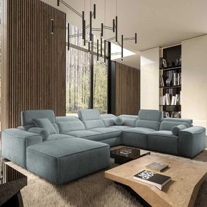 Narożnik z funkcją spania Viano VIII szary błękit lewostronny nowoczesny narożnik o ciekawej konstrukcji pojemniki na pościel