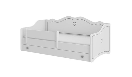Łóżko Emily 80x160 cm białe dziecięce łóżko z materacem i barierką ochronną szare uchwyty w kształcie serca ozdobny nadruk