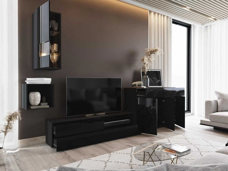 Meblościanka Pylos czarna / czarny połysk nowoczesny design system otwierania drzwi i szuflad push to open zestaw mebli z komodą