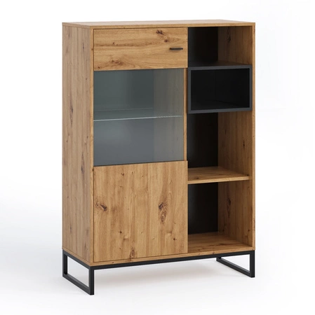 Witryna niska Olier 90 cm dąb artisan prosta forma nowoczesny design metalowy stelaż w kolorze czarnym witryna w stylu loftowym industrialnym