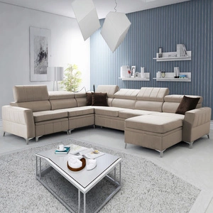 Narożnik z funkcją spania Rava VII jasny beż prawostronny praktyczny i nowoczesny narożnik do salonu z regulowanymi zagłówkami