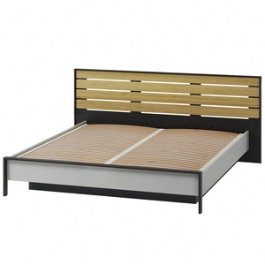 Łóżko Gris 180x200 cm szary / czarny / dąb natura wygodne łóżko z pojemnikiem na pościel wysoki zagłówek z oświetleniem LED