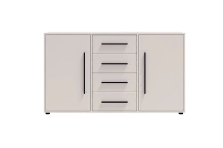 Komoda z szufladami Maxione 150 cm beżowa elegancki i uniwersalny styl komody do sypialni lub salonu gustowne czarne uchwyty