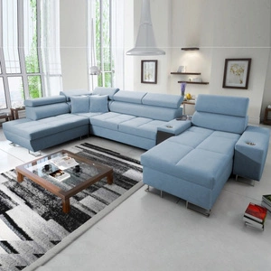 Narożnik z funkcją spania Dafni V błękitny prawostronny velvet wygodny i komfortowy narożnik z regulowanymi zagłówkami