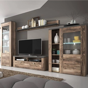 Meblościanka Larona orzech satin / touchwood prosta forma mebli w nowoczesnym wydaniu elementy z szkła hartowanego