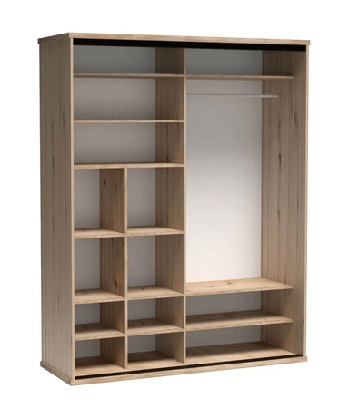 Szafa przesuwna z lustrem Cali 179 cm dąb artisan / czarny stylowa szafa z lamelami w kolorze drewna idealna szafa do sypialni czy garderoby