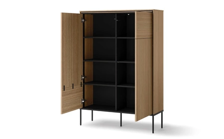 Zestaw mebli Visso dąb linearny elegancka meblościanka do salonu w stylu minimalistycznym przeszklone fronty wybranych brył