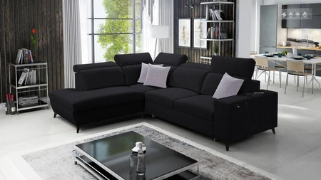 Narożnik z funkcją spania Kelly Sleek VII czarny lewostronny pleciony komfortowy i funkcjonalny narożnik rozkładany do salonu