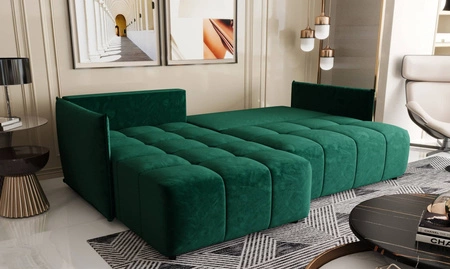 Narożnik z funkcją spania Oroso butelkowa zieleń lewostronny miękka tkanina typu velvet z powłoką hydrofobową pojemnik na pościel