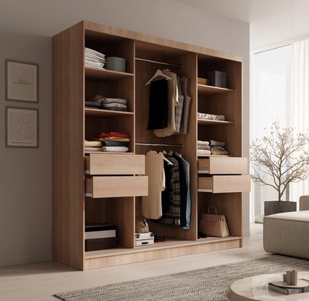 Szafa przesuwna z lustrem Ida 200 cm dąb sonoma jasny / czarny stylowe lamele zdobiące drzwi szafy wnętrze wyposażone w pojemne szuflady