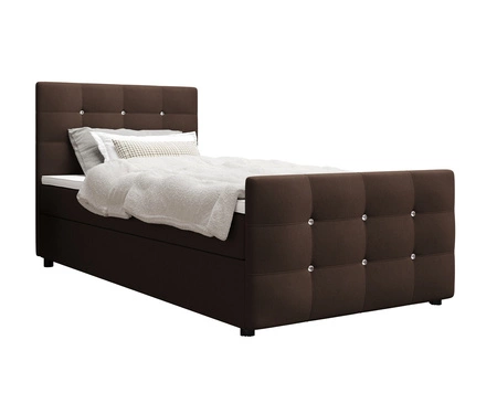 Łóżko kontynentalne Kansas 90x200 brązowe w nowoczesnym skandynawskim stylu z tapicerowanym zagłówkiem oraz zanóżkiem