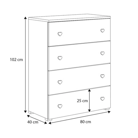 Komoda z szufladami Emily 80 cm biała wyjątkowo stylowa komoda do pokoju dziecięcego z różowymi uchwytami w kształcie serca