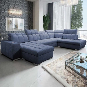 Narożnik z funkcją spania Luigi VI niebieski lewostronny stylowy narożnik rozkładany z pojemnikami na pościel pokryty miękką tkaniną