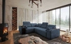 Narożnik z funkcją spania Tesalia II niebieski lewostronny komfortowy narożnik do salonu z przesuwanym oparciem pojemnik na pościel