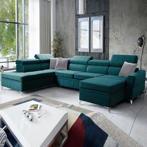 Narożnik z funkcją spania Rava VI lazurowy prawostronny praktyczny i nowoczesny narożnik wyposażony w wielofunkcyjną lampkę