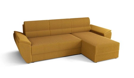 Narożnik z funkcją spania Fogu II miodowy prawostronny stylowy narożnik z komfortowymi podłokietnikami i pojemnikiem na pościel