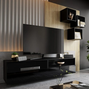 Meblościanka Nero czarna / czarny połysk nowoczesna meblościanka do salonu praktyczny system otwierania szuflad push to open