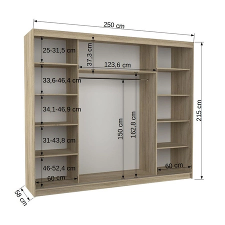 Szafa przesuwna Antos 250 cm biały / dąb sonoma jasny funkcjonalna szafa o uniwersalnym designie doskonała propozycja do przedpokoju