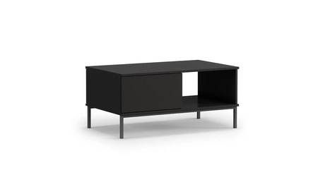 Zestaw mebli Tutti czarny prosta forma meblościanki bryły wsparte na metalowej czarnej podstawie bezuchwytowy system push to open