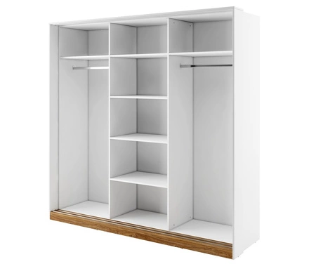 Szafa przesuwna z lustrem Dentro 220 cm biały / dąb stirling stylowa pojemna szafa do sypialni lub przedpokoju wyposażona w dwa drążki