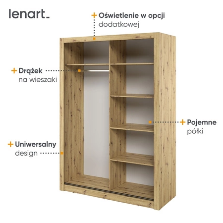 Szafa przesuwna z lustrem Arti 150 cm dąb artisan pojemna szafa do przedpokoju drzwi szafy wykończone lustrami w ciekawej konfiguracji