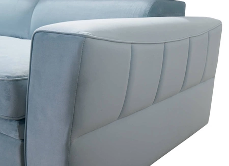 Narożnik z funkcją spania Rava III granatowy prawostronny velvet komfortowy narożnik z regulowanymi zagłówkami i pojemnikiem na pościel