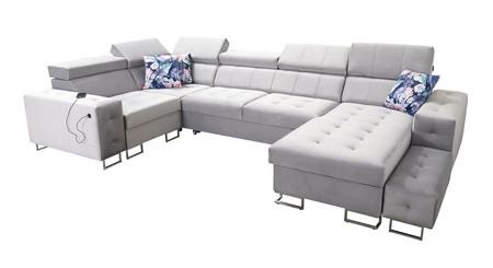 Narożnik z funkcją spania Hampton IV kwarcowy róż prawostronny funkcjonalny narożnik z dostawką która sprawdzi się jako podnóżek