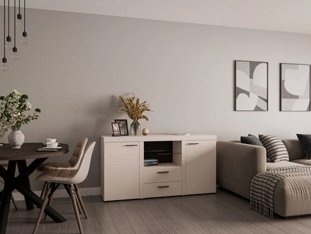 Komoda z szufladami Rene 156 cm beż piaskowy elegancki i uniwersalny styl komody do salonu gustowne czarne uchwyty