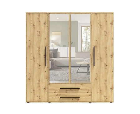 Szafa z lustrem Maxione 198 cm dąb artisan pojemna szafa do sypialni pokoju młodzieżowego lub przedpokoju wzbogacona szufladami