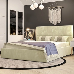 Łóżko tapicerowane Hestia 160x200 z pojemnikiem beżowe w nowoczesnym skandynawskim stylu z wygodnym zagłówkiem