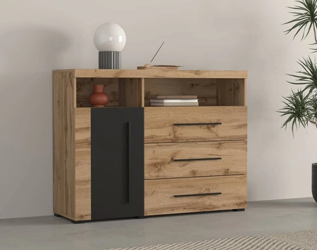 Komoda z szufladami Roger 121 cm dąb wotan / czarny nowoczesna stylistyka komody wzbogacona o stylowe czarne dodatki idealna do salonu sypialni