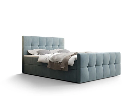 Łóżko kontynentalne Manhattan 160x200 turkusowe w nowoczesnym skandynawskim stylu z tapicerowanym zagłówkiem i zanóżkiem